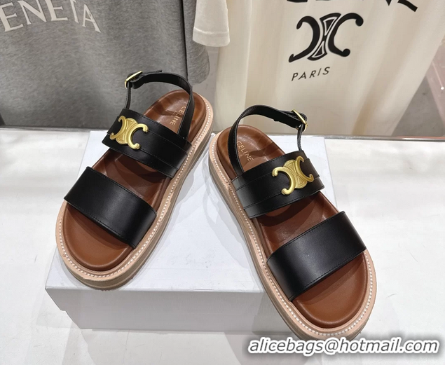 Good Looking Celine Lympia Triomphe Slingback Sandals Black Calfskin Leather 6051103 Black
