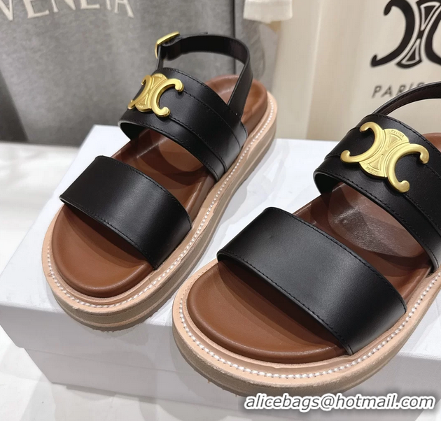 Good Looking Celine Lympia Triomphe Slingback Sandals Black Calfskin Leather 6051103 Black