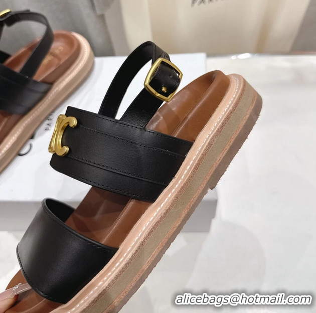 Good Looking Celine Lympia Triomphe Slingback Sandals Black Calfskin Leather 6051103 Black