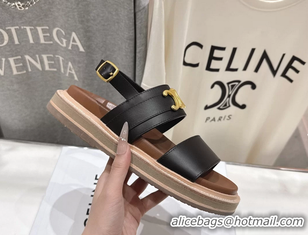 Good Looking Celine Lympia Triomphe Slingback Sandals Black Calfskin Leather 6051103 Black