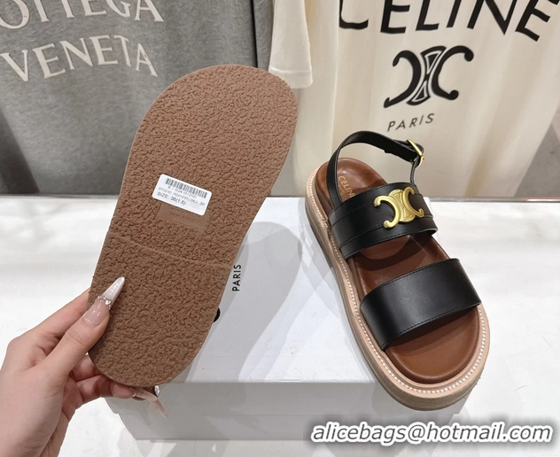 Good Looking Celine Lympia Triomphe Slingback Sandals Black Calfskin Leather 6051103 Black