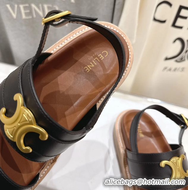 Good Looking Celine Lympia Triomphe Slingback Sandals Black Calfskin Leather 6051103 Black