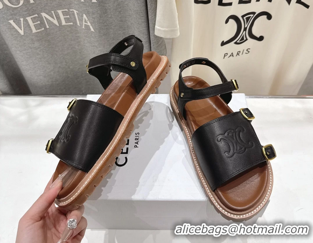 Cheap Celine Lympia Triomphe Slingback Sandals Black Calfskin Leather 6051103 Black