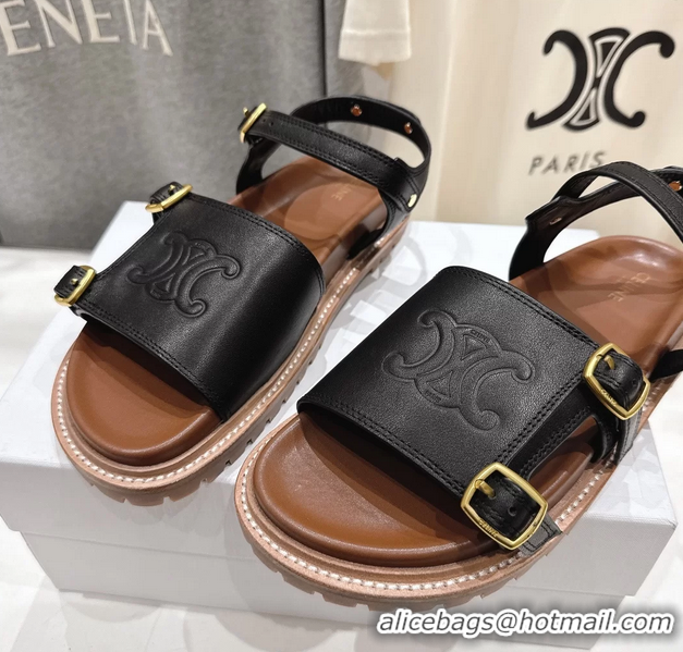 Cheap Celine Lympia Triomphe Slingback Sandals Black Calfskin Leather 6051103 Black