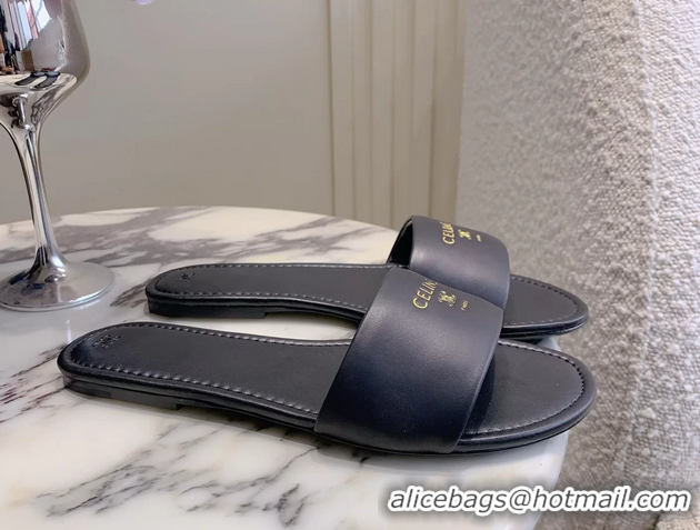 Grade Quality Celine Coast Flat Mule Slides Sandals Black Lambskin Leather 6051104 Black