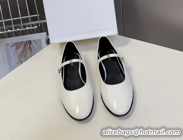 Shop Duplicate Celine City Mary Janes Ballet Flat Shoes White Glossy Calfskin Leather 6051105