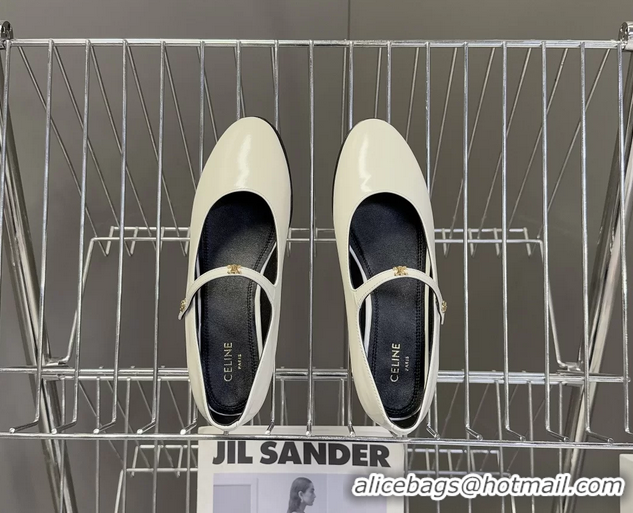Shop Duplicate Celine City Mary Janes Ballet Flat Shoes White Glossy Calfskin Leather 6051105