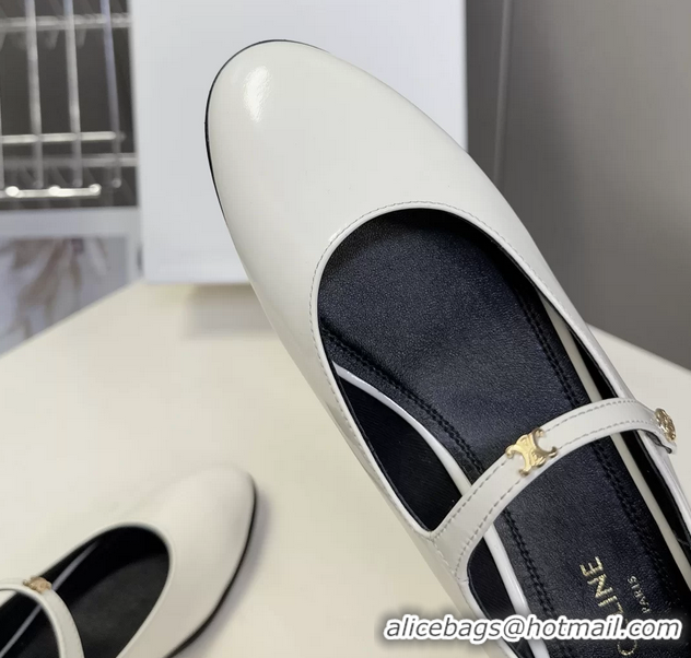 Shop Duplicate Celine City Mary Janes Ballet Flat Shoes White Glossy Calfskin Leather 6051105