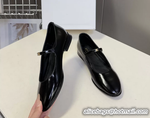Stylish Celine City Mary Janes Ballet Flat Shoes Black Glossy Calfskin Leather 6051105 Black