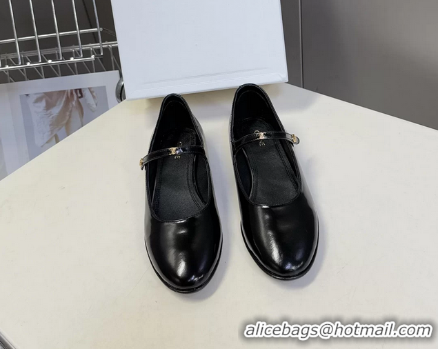 Stylish Celine City Mary Janes Ballet Flat Shoes Black Glossy Calfskin Leather 6051105 Black