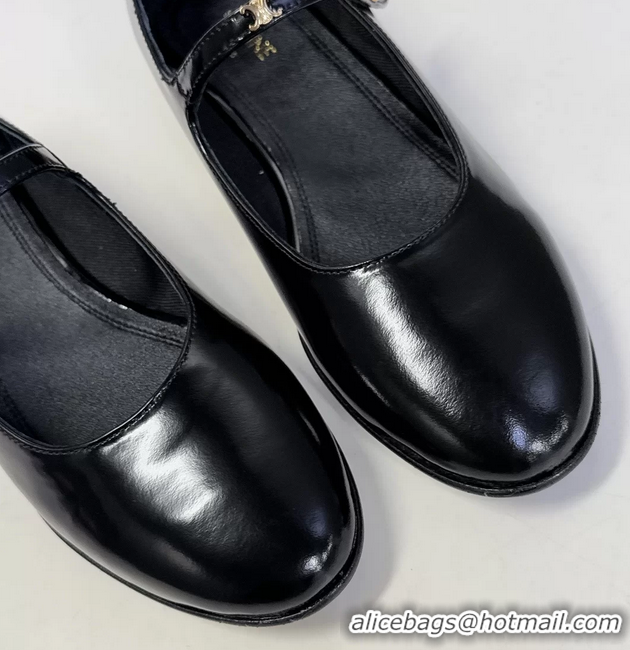 Stylish Celine City Mary Janes Ballet Flat Shoes Black Glossy Calfskin Leather 6051105 Black