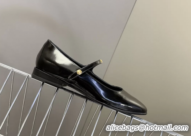 Stylish Celine City Mary Janes Ballet Flat Shoes Black Glossy Calfskin Leather 6051105 Black
