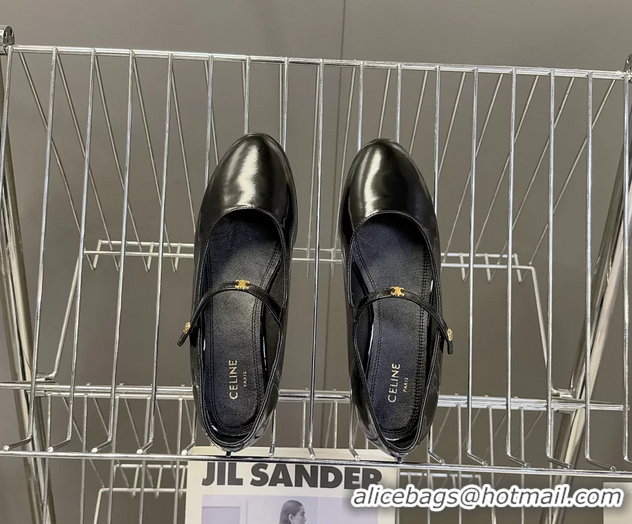 Stylish Celine City Mary Janes Ballet Flat Shoes Black Glossy Calfskin Leather 6051105 Black
