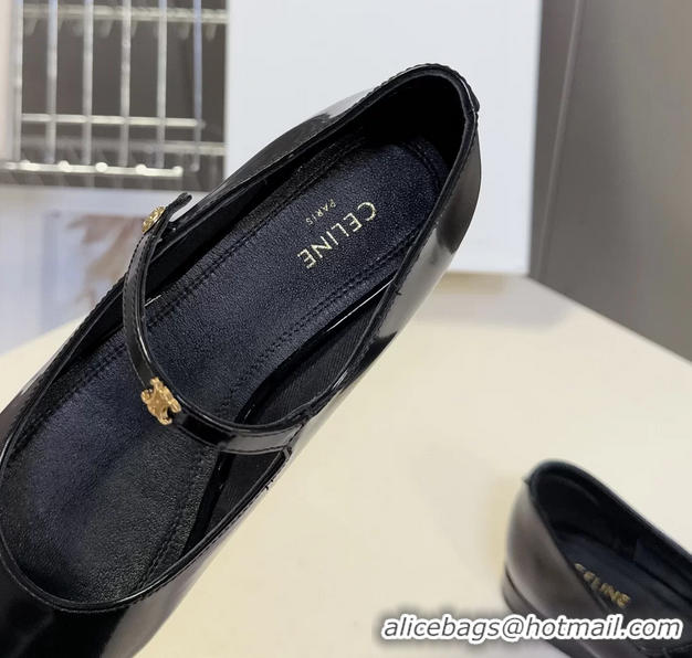Stylish Celine City Mary Janes Ballet Flat Shoes Black Glossy Calfskin Leather 6051105 Black