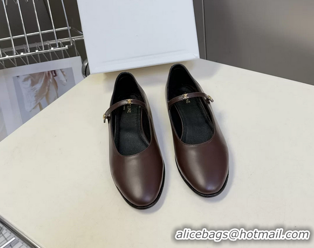Duplicate Celine City Mary Janes Ballet Flat Shoes Burgundy Glossy Calfskin Leather 6051105 Burgundy