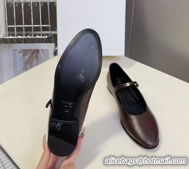 Duplicate Celine City Mary Janes Ballet Flat Shoes Burgundy Glossy Calfskin Leather 6051105 Burgundy