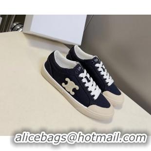 Grade Celine Alan Triomphe Sneakers Shoes Navy Blue Canvas 6051106 Navy Blue