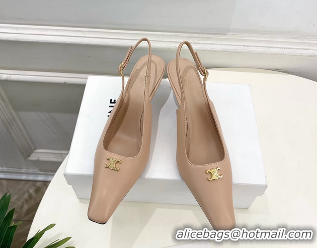 Good Quality Celine Alma Triomphe Slingback Pumps Beige Calfskin Leather 60MM 6051107 Beige