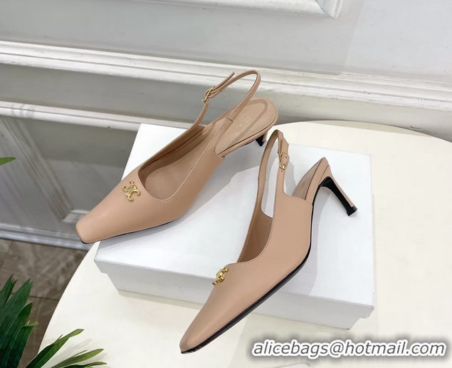 Good Quality Celine Alma Triomphe Slingback Pumps Beige Calfskin Leather 60MM 6051107 Beige