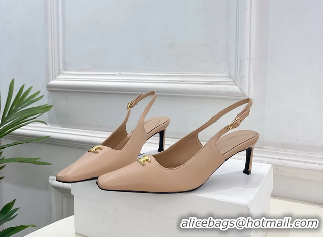 Good Quality Celine Alma Triomphe Slingback Pumps Beige Calfskin Leather 60MM 6051107 Beige