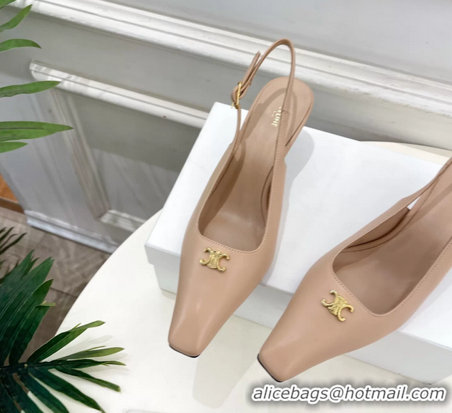 Good Quality Celine Alma Triomphe Slingback Pumps Beige Calfskin Leather 60MM 6051107 Beige