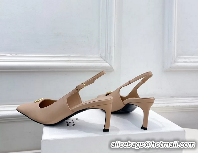 Good Quality Celine Alma Triomphe Slingback Pumps Beige Calfskin Leather 60MM 6051107 Beige