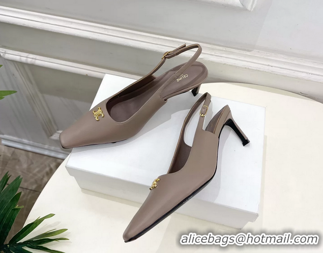 Unique Discount Celine Alma Triomphe Slingback Pumps Gray Calfskin Leather 60MM 6051107 Beige