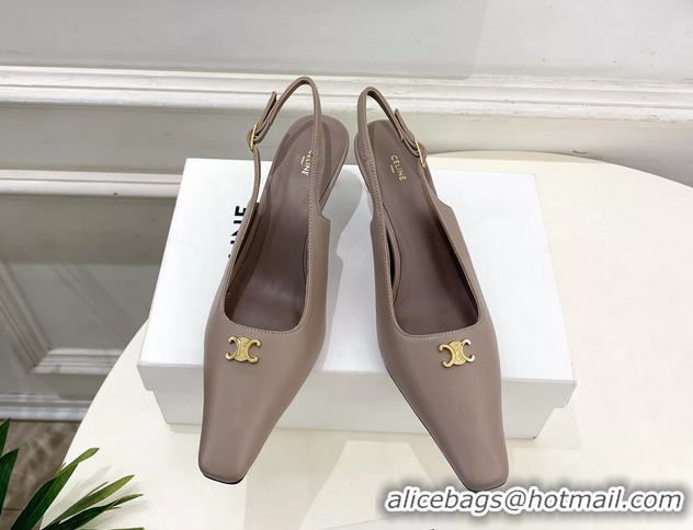 Unique Discount Celine Alma Triomphe Slingback Pumps Gray Calfskin Leather 60MM 6051107 Beige