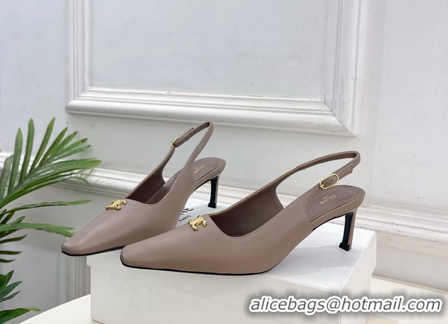 Unique Discount Celine Alma Triomphe Slingback Pumps Gray Calfskin Leather 60MM 6051107 Beige