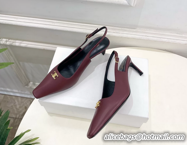 Discount Fashion Celine Alma Triomphe Slingback Pumps Burgundy Calfskin Leather 60MM 6051107 Burgundy