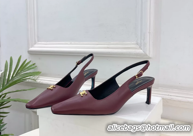Discount Fashion Celine Alma Triomphe Slingback Pumps Burgundy Calfskin Leather 60MM 6051107 Burgundy