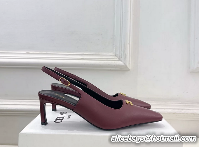Discount Fashion Celine Alma Triomphe Slingback Pumps Burgundy Calfskin Leather 60MM 6051107 Burgundy