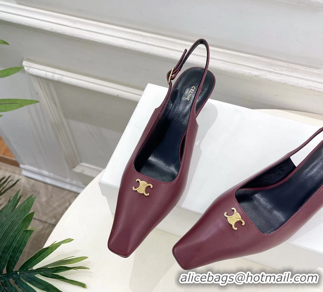 Discount Fashion Celine Alma Triomphe Slingback Pumps Burgundy Calfskin Leather 60MM 6051107 Burgundy
