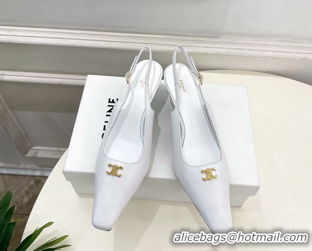 Discount Celine Alma Triomphe Slingback Pumps White Calfskin Leather 60MM 6051107 White