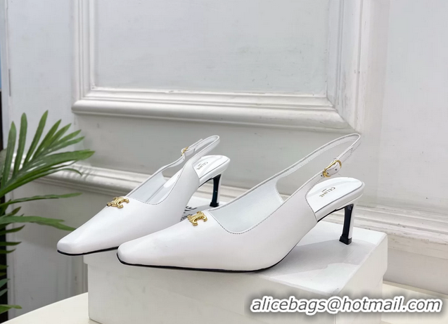 Discount Celine Alma Triomphe Slingback Pumps White Calfskin Leather 60MM 6051107 White