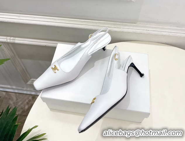 Discount Celine Alma Triomphe Slingback Pumps White Calfskin Leather 60MM 6051107 White