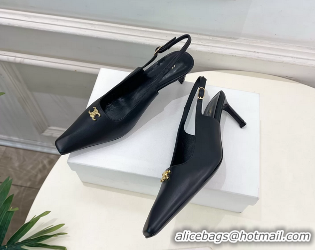 Durable Celine Alma Triomphe Slingback Pumps Black Calfskin Leather 60MM 6051107 Black
