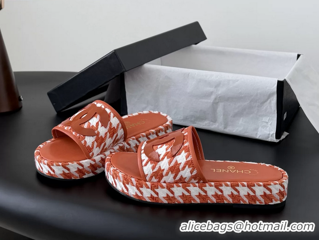 Low Price Chanel CC Logo Tweed Raffia Flat Slides Sandals Shoes 6051109 Orange White