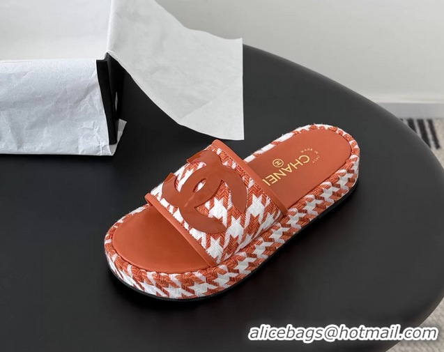 Low Price Chanel CC Logo Tweed Raffia Flat Slides Sandals Shoes 6051109 Orange White