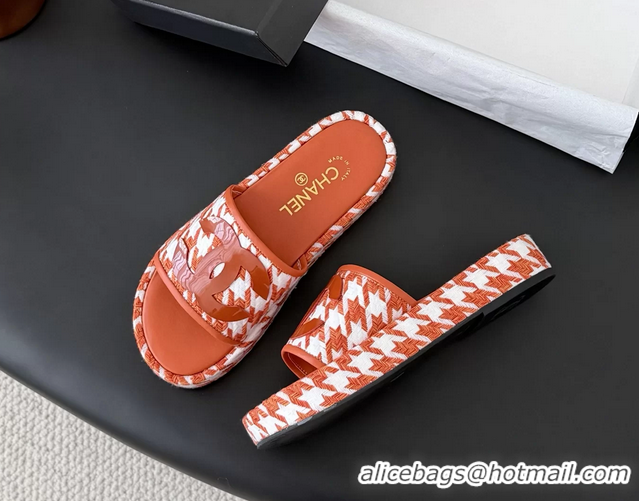 Low Price Chanel CC Logo Tweed Raffia Flat Slides Sandals Shoes 6051109 Orange White