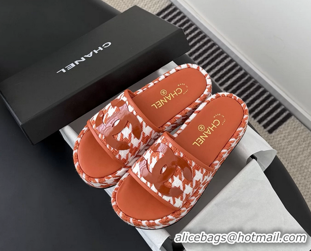 Low Price Chanel CC Logo Tweed Raffia Flat Slides Sandals Shoes 6051109 Orange White