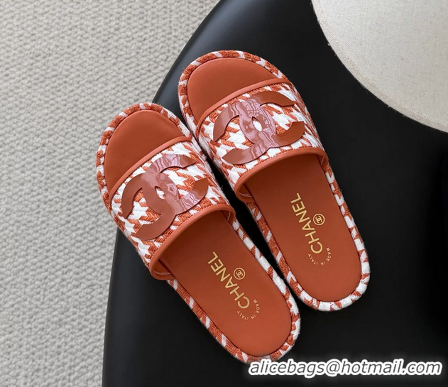 Low Price Chanel CC Logo Tweed Raffia Flat Slides Sandals Shoes 6051109 Orange White
