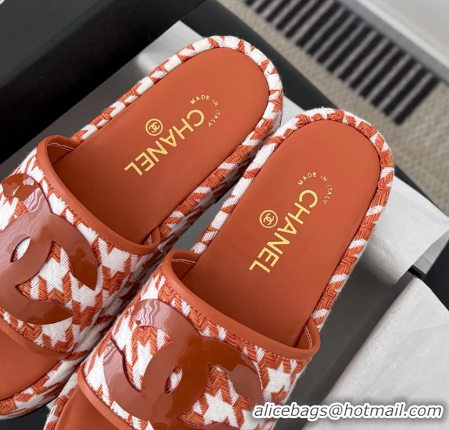Low Price Chanel CC Logo Tweed Raffia Flat Slides Sandals Shoes 6051109 Orange White