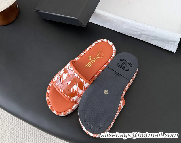 Low Price Chanel CC Logo Tweed Raffia Flat Slides Sandals Shoes 6051109 Orange White
