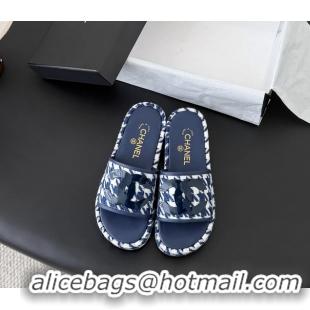 Best Price Chanel CC Logo Tweed Raffia Flat Slides Sandals Shoes 6051109 Blue White