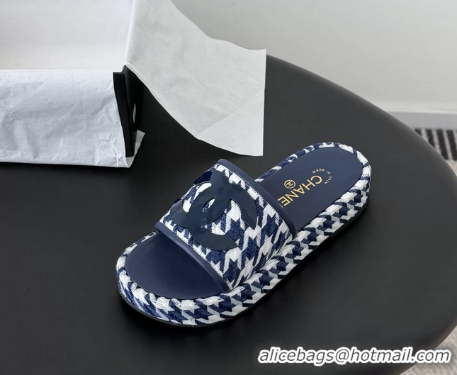 Best Price Chanel CC Logo Tweed Raffia Flat Slides Sandals Shoes 6051109 Blue White