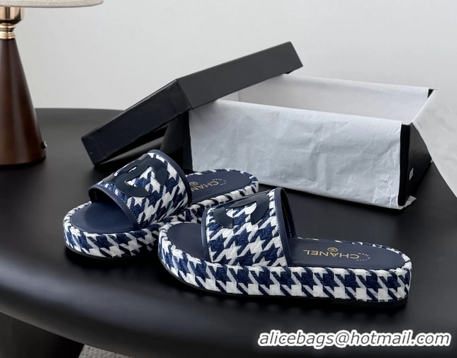 Best Price Chanel CC Logo Tweed Raffia Flat Slides Sandals Shoes 6051109 Blue White