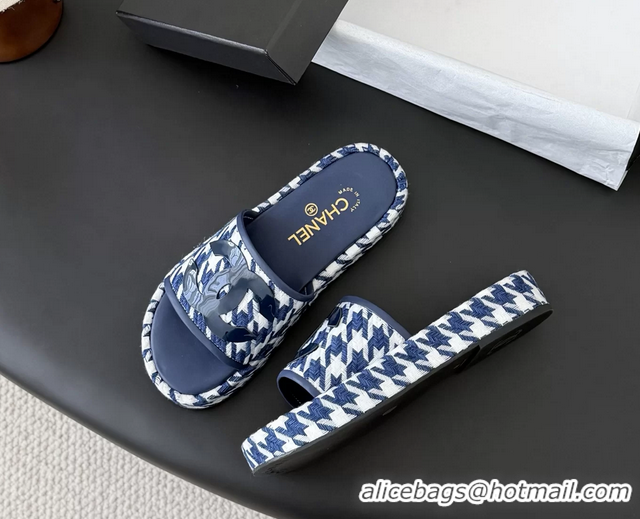 Best Price Chanel CC Logo Tweed Raffia Flat Slides Sandals Shoes 6051109 Blue White
