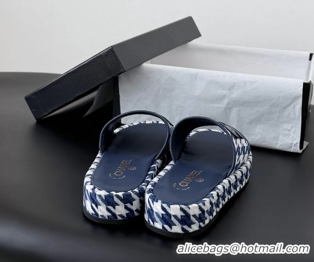 Best Price Chanel CC Logo Tweed Raffia Flat Slides Sandals Shoes 6051109 Blue White