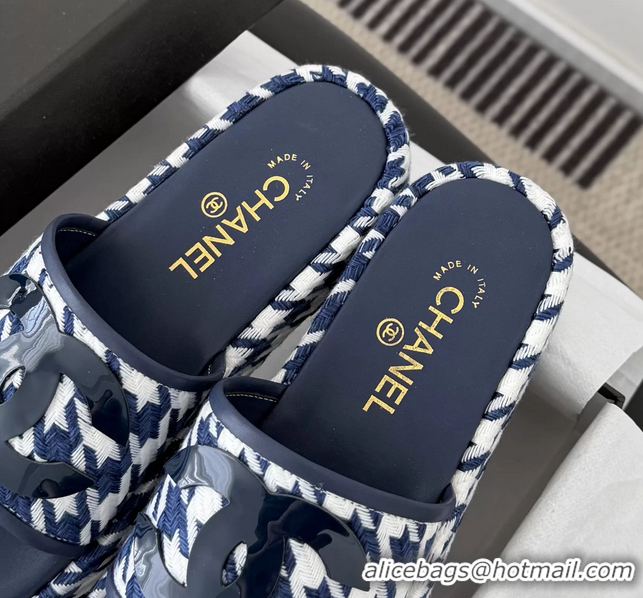 Best Price Chanel CC Logo Tweed Raffia Flat Slides Sandals Shoes 6051109 Blue White